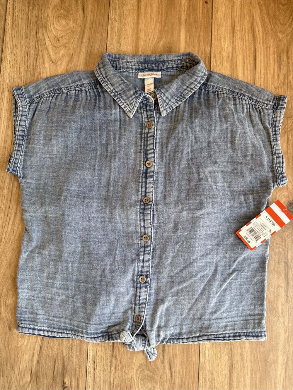 Girls Button Down Tie Front Short Sleeve Chambray Shirt - Cat & Jack L (10/12)